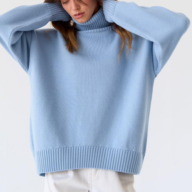 Женский свитер с высоким воротом, осенне-зимний свободный свитер, классический универсальный однотонный женский вязаный свитер-пуловер