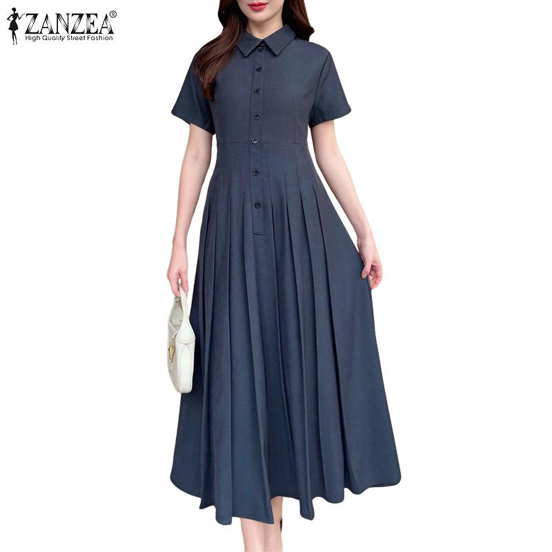 ZANZEA Женское повседневное длинное платье с отложным воротником и короткими рукавами