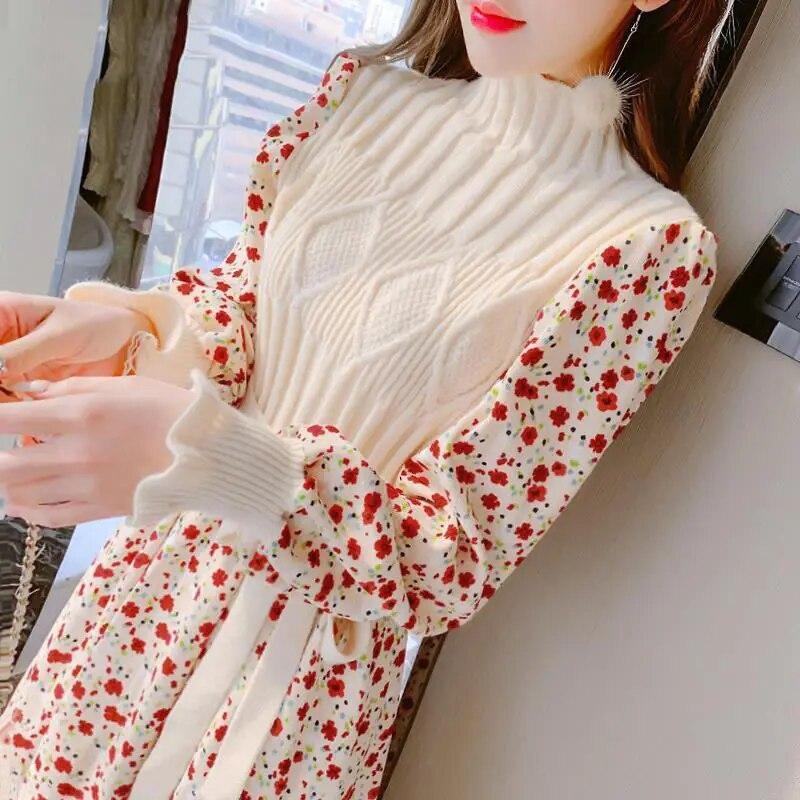 Women's Knitted Dress Autumn Winter Long Sleeve Corduroy Floral Dress Female Elegant Sweater A-line Long Veatidos Belt