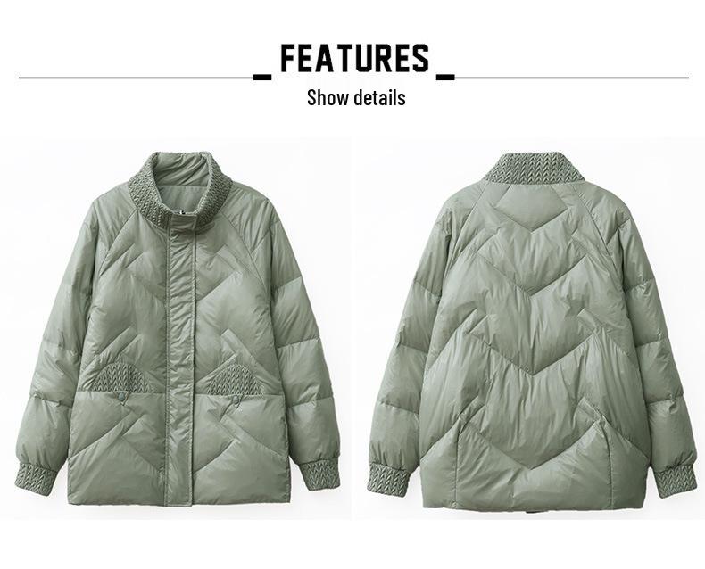 Женский короткий пуховик 2024 Зима - Модный утолщенный воротник-стойка с пухом белой утки для мам среднего возраста
