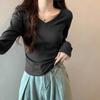 Design Sense Niche Long-sleeved Trendy Brand Waist V-neck T-shirt Women's Spring and Autumn Slim Irregular Hem Hot Girl Short Top