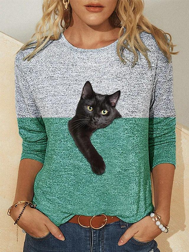 Color Block Printed Long Sleeved Casual Daily Basic Retro Round Neck 3D Cat Printed Women's T-shirts - Soft Medium Stretch Relaxed Fit Clothing
