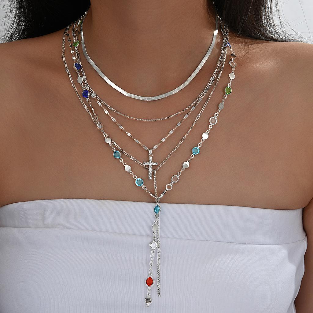 5pcs Fashion Cross Colorful Crystal Necklaces Set for Women Boho Vintage Simple Y-Shaped Pendant Necklace Christian Jewelry Gift