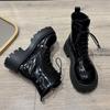 2025 Women's Black Back Zipper Chunky Heel Boots Goth Style Lace Up Solid Color Platform Short Boots for Women Fashion Wing
