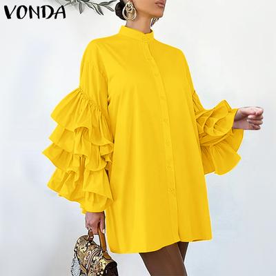 Женские платья больших размеров с воротником-стойкой и оборками, с длинными рукавами