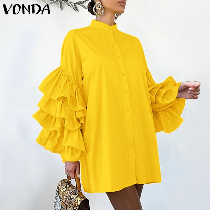 VONDA Женские платья больших размеров с воротником-стойкой и оборками, с длинными рукавами