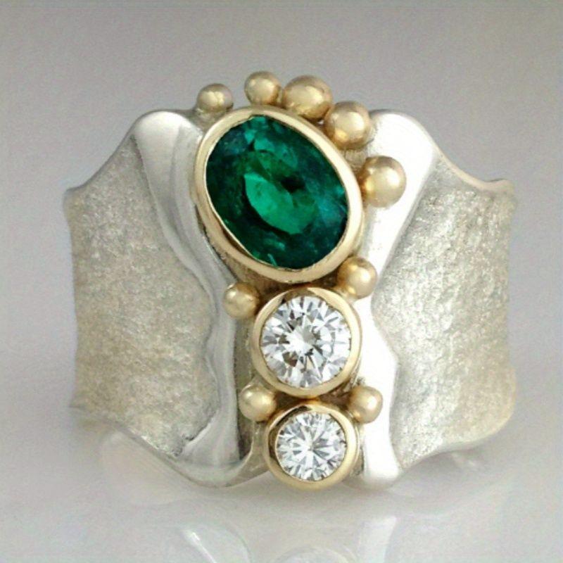 Vintage CopperColor Women's Ring, Paired with Green Color Inlaid Zircon Wide Face Ring, Holiday Party Accessory Jewelry