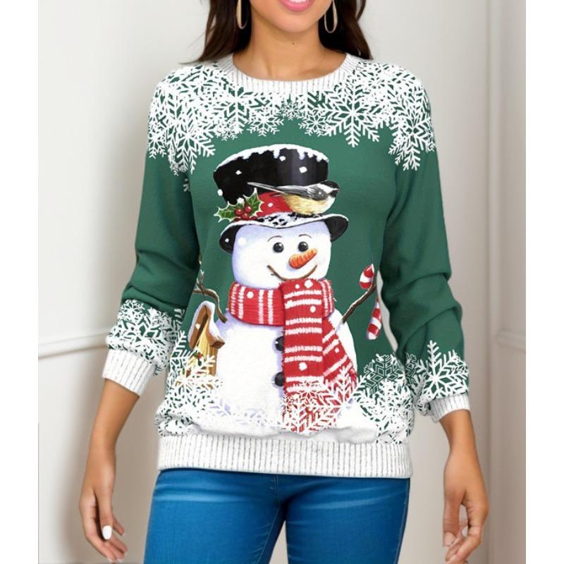 Women's Blouse Round Neck Christmas Print Loose Long Sleeve Top