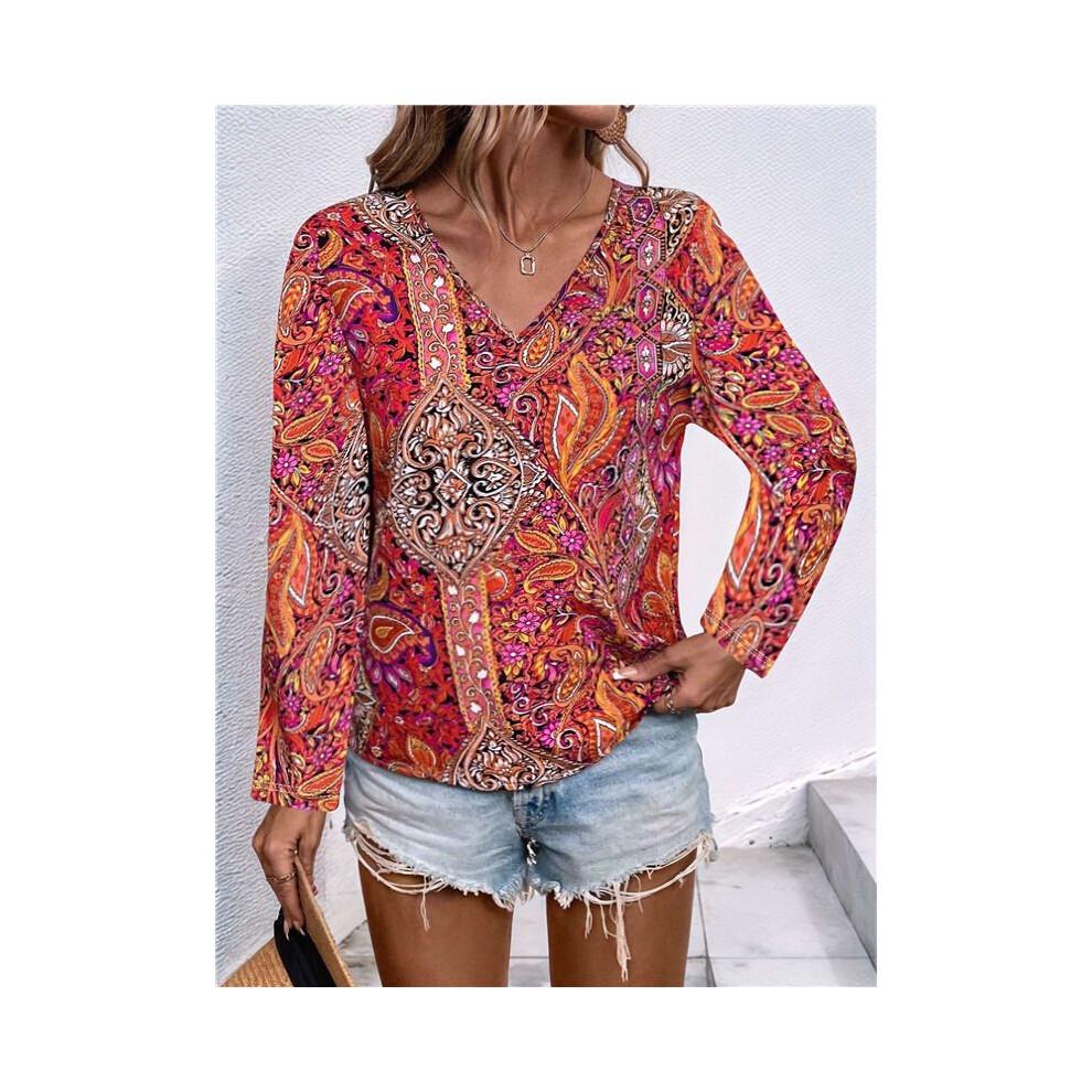Women'S Bohemian Print V-Neck Long Sleeve Casual Blouses Shirts 4-Mixed Colors S