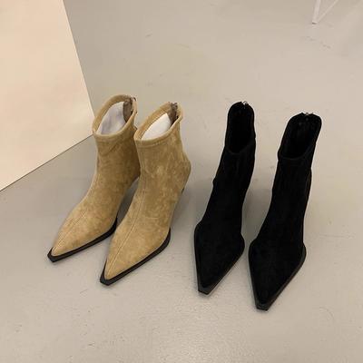 Французские замшевые хаки короткие ботильоны на высоком каблуке женские новые осенне-зимние ботинки корейские маленькие ботильоны