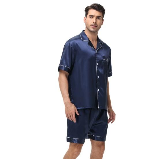 2Pcs/Set Men Pajamas Set Lapel Short Sleeve Single Breasted Tops Elastic Waist Shorts Set Solid Color Satin Sleepwear