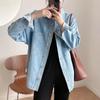 Women's Washed Blue Denim Shirt Jacket with Pocket Embellishments - European & American Style, Autumn Collection