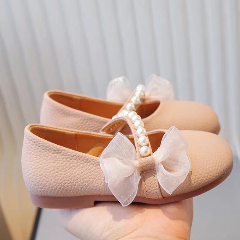 Girl Princess Leather Shoes Chic Versatile Soft Elegant Fashion Lace Bowknot Beading Kid Loafers Wedding Slip-on Mary Janes