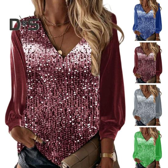 Fall Spring Women Top Shiny Sequin V Neck Long Sleeve Patchwork Loose Pullover Soft Breathable Mid Length Lady Commute Shirt Blouse
