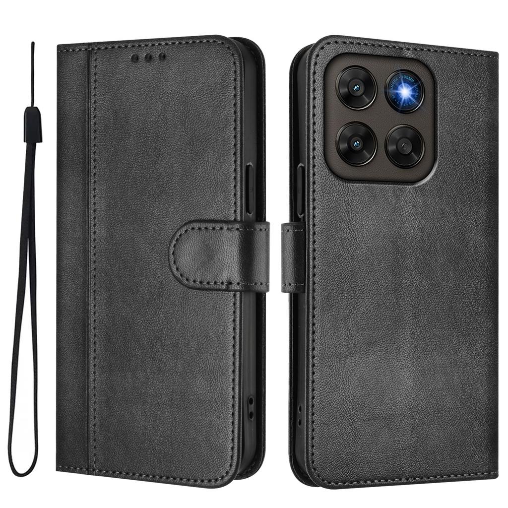 Wallet Case for Moto G67 5G - Leather/PU, Black, With Lanyard