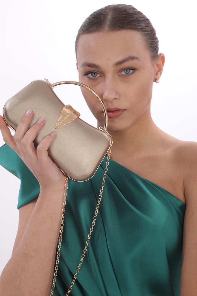 Women's Stylish and Useful Evening Dress Bag Gold Color Bream Material Leaf Accessory Hand and Strap Evening Dress Portfolio Clutch Evening Bag