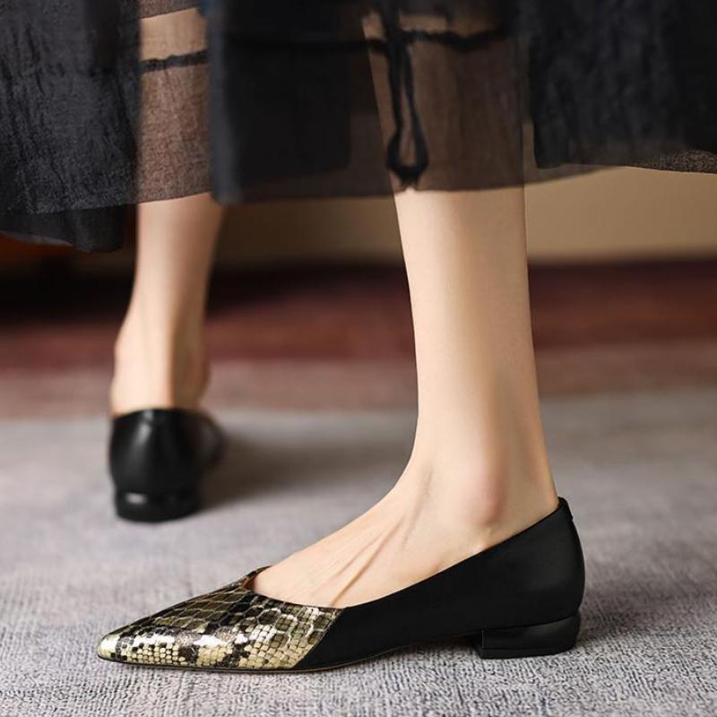 Туфли-лодочки с острым носком, узором под змею, без застежки, на низком каблуке, элегантные, для женщин, летние, молодежный тренд, корейский стиль, шик, острый носок, повседневные, женские балетки