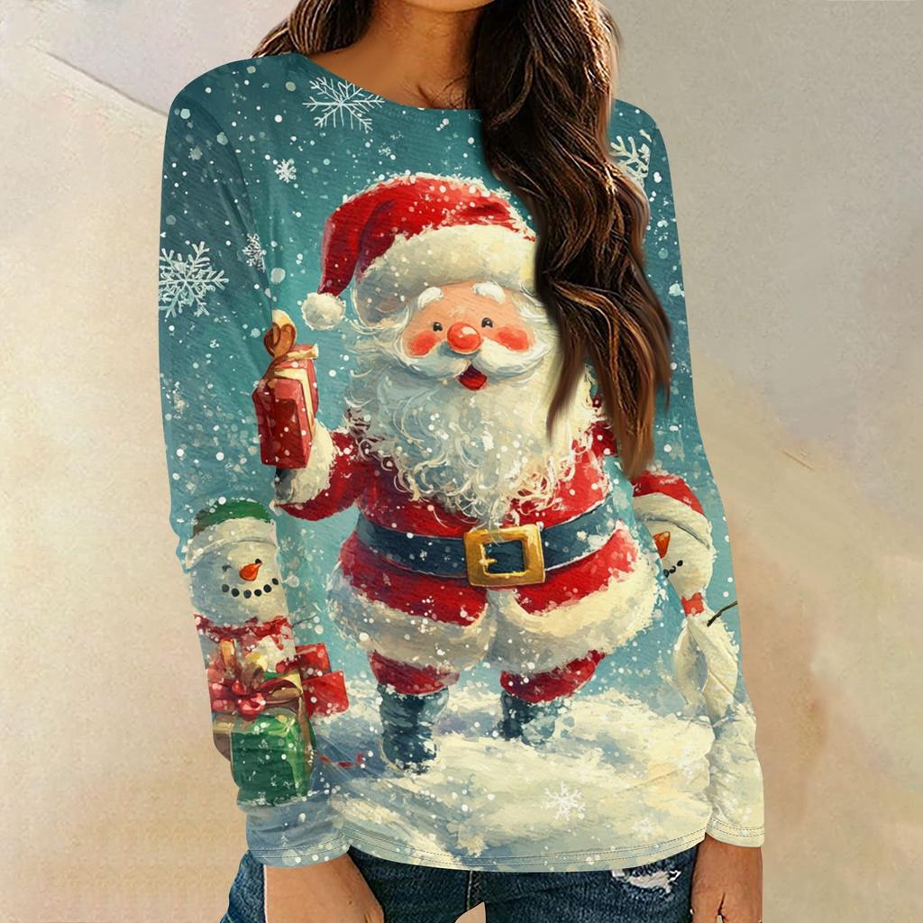 Women's Fashion Round Neck Pullover Plunging Sleeve Tee Christmas Printed Top