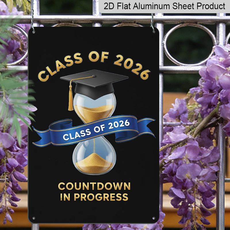 2D Flat, 1pc "Class of 2026 Countdown in Progress" Aluminium Sign - 8"x12" Gold & Blue Graduation Decor, Hourglass & Grad Cap Wall Art, Perfect for