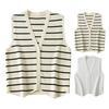Women Knitting Vest V-Neck Sleeveless Single Breasted Striped Print Vest Wrinkle-Resistant Knitwear Daily Wear
