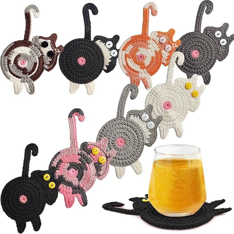 Cute Cat Cup Coasters, Gifts for Cats Lovers, Cat Coaster Woven Creative Knitted Coasters Funny Drink Insulation Coffee and Tea Coaster Table