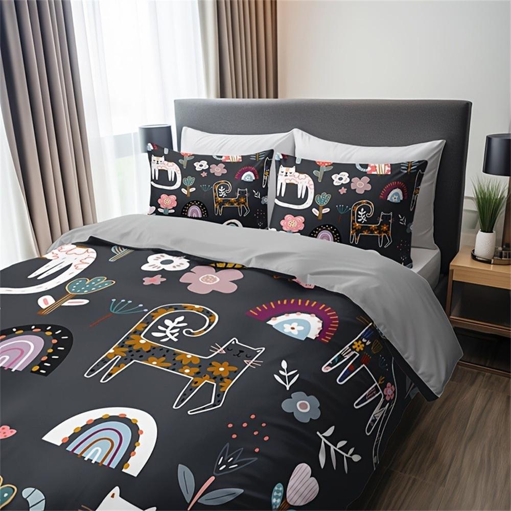 Комплект постельного белья с принтом кошек и цветов - Включает 1 пододеяльник и 2 наволочки, дышащий полиэстер, машинная стирка - Идеально