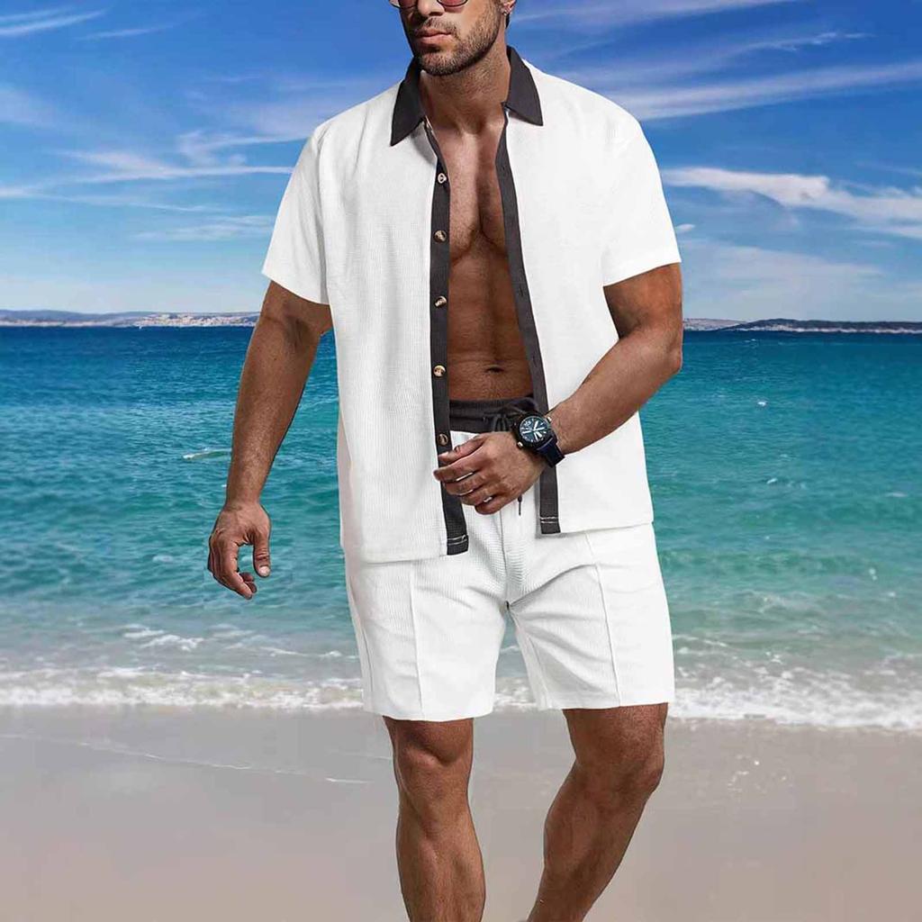 Мужская летняя однотонная рубашка с коротким рукавом и лацканами на пуговицах, комплект из шорт