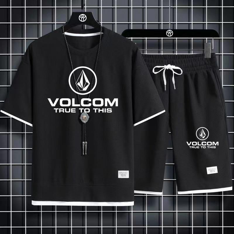 2025 VOLCOM Новый мужской спортивный костюм из 2 предметов с коротким рукавом, костюмы с принтом, футболка + штаны, студенческая повседневная летняя спортивная одежда