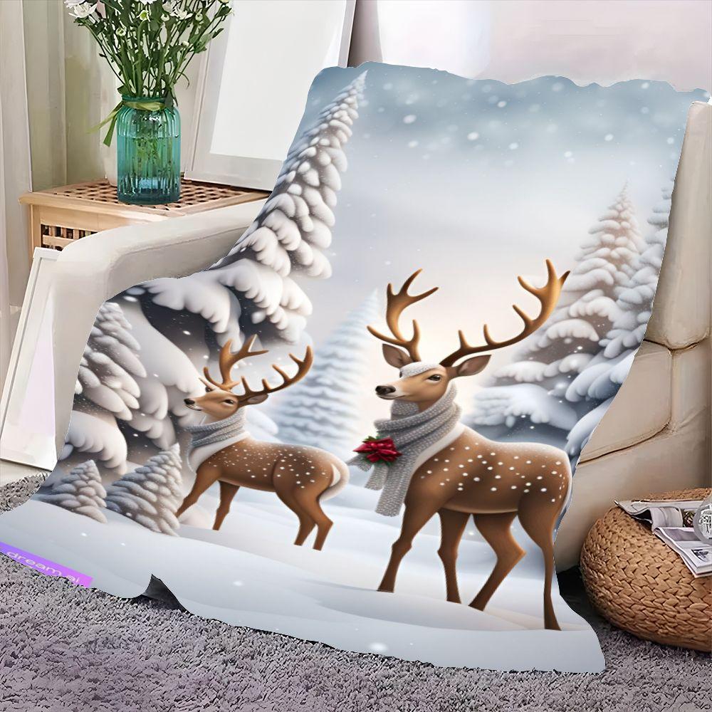 Зимняя сказка Олень Уютный флисовый плед - Мягкий дизайн заснеженного леса с очаровательными коричневыми оленями в серых шарфах - Идеально для