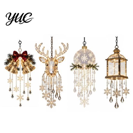 Christmas Hanging Decorations Bell Chandelier, Lighted Deer Decoration with Cascading LED Strands, Snowflake Indoor Ornaments Sphere Lantern
