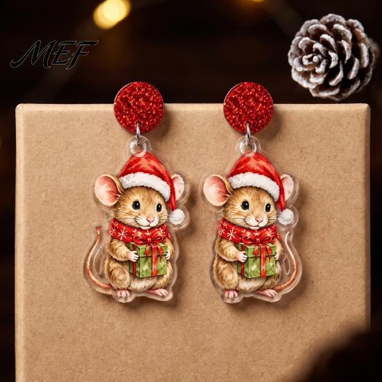 Seasonal Fashion Accessories 1 Pair Cute Christmas Mouse Acrylic Earrings, 2D Flat Cartoon Animal Dangle Casual Winter Outfit Jewelry Drop Earrings