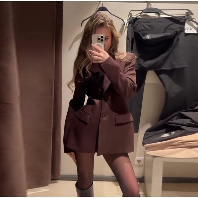 Elegant Blazer Women Fashion Brown Shoulder Pad Cinched Waist Suit Jacket Commute Office Lady Women's Professional Jacket