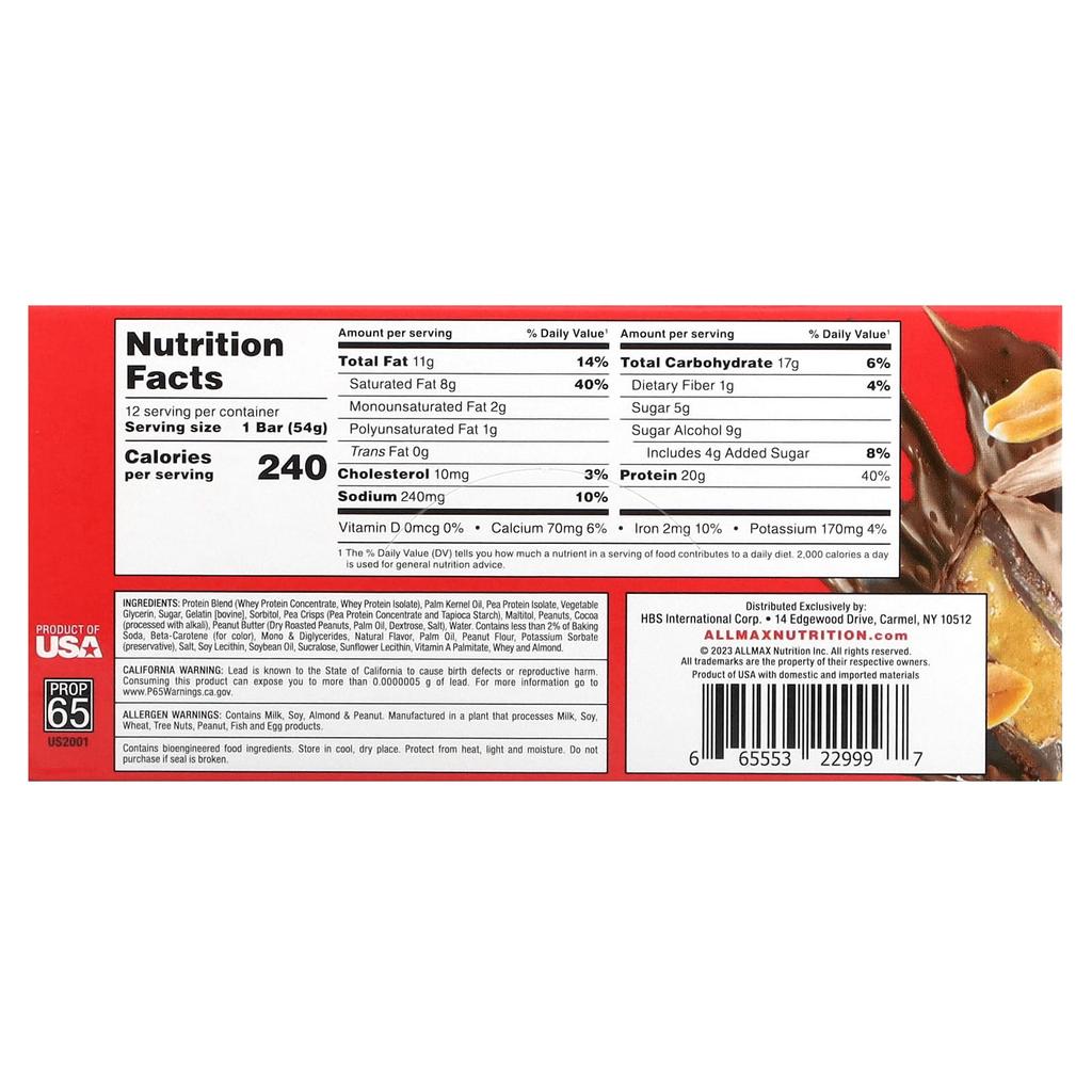ALLMAX, Hexapro Protein Bar, Chocolate Peanut Butter Cup, 12 Bars, 54g (1.9oz) Each