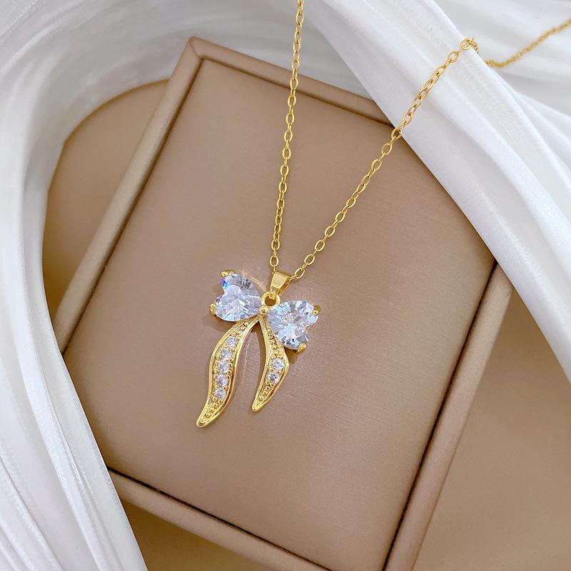 Bow Love Full Diamond Light Luxury Temperament Gorgeous Full Diamond Necklace Female Versatile Collarbone Chain Titanium Steel