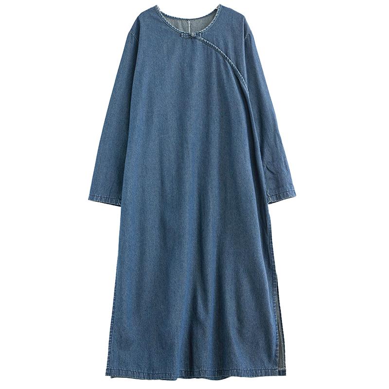 Spring Women Denim Dress Cotton Casual Vintage Loose Oversized Dress Long Sleeve Basic