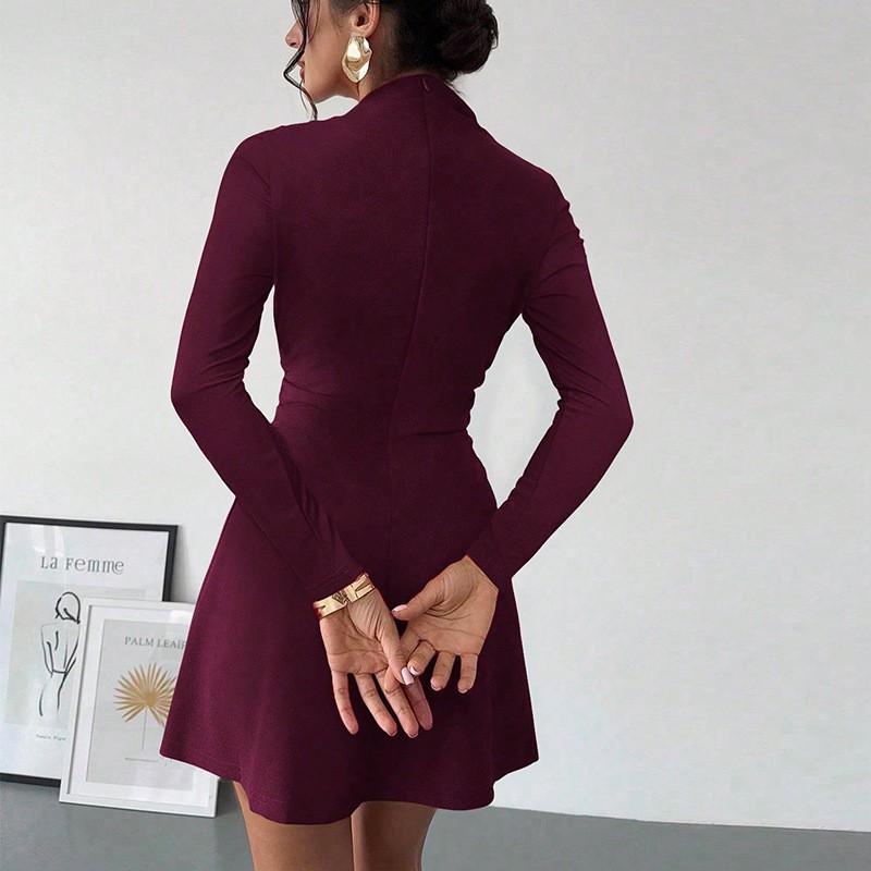 European American Fashionable Slim Long-sleeved Dress Half-high-neck Elastic A-line