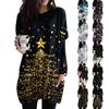 Women's Fashion Casual Long Sleeve Christmas Print Round Neck Double Pocket T-Shirt Top