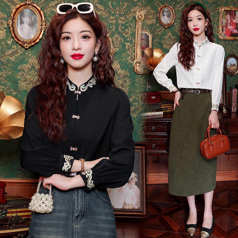 Women's Stand-Up Collar Shirt with Chinese Embroidery, Zen Style Long-Sleeve Top for Spring and Autumn.