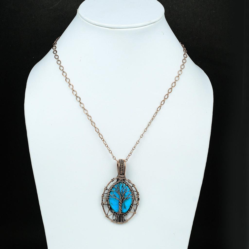 Кулон Древо Жизни с Аризонской бирюзой, обмотанный медной проволокой, ювелирное изделие с драгоценным камнем, кулон ручной работы, подарок для любви, украшение с Аризонской бирюзой