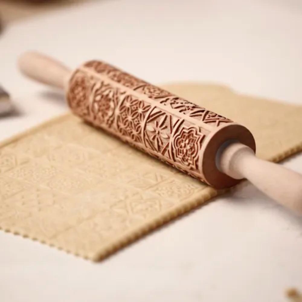 Square Grid Patterned Roller Laser Engraved Embossed Wooden Rolling Pin Cookies Mold Dough