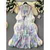Flowers Series Vacation Style Dress Female French Elegant Retro Print Lace-up Waist-Controlled Temperamental Fairy Chiffon Dress