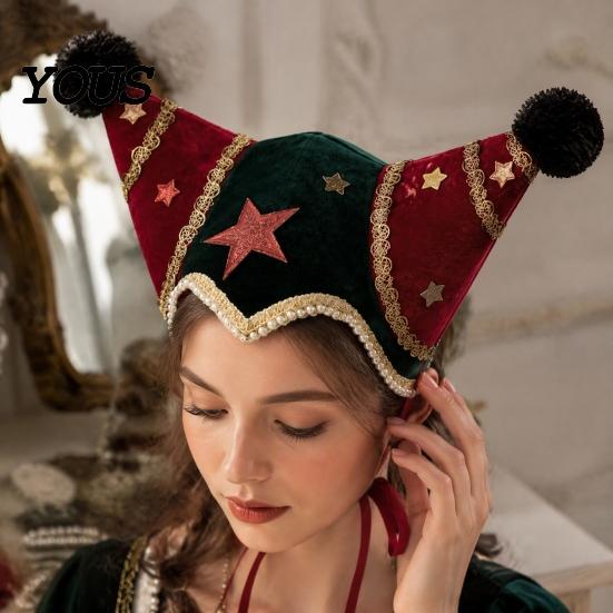 Velvet Jester Headwear for Adults Christmas Hat, Star Clown Hat with Gold Trim Pom Creative Outfit Accessories Poms, Adjustable Tie, Cosplay