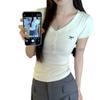 2025 Summer Korean Style Women's Embroidered V-Neck Buttoned Shoulder Slim T-Shirt