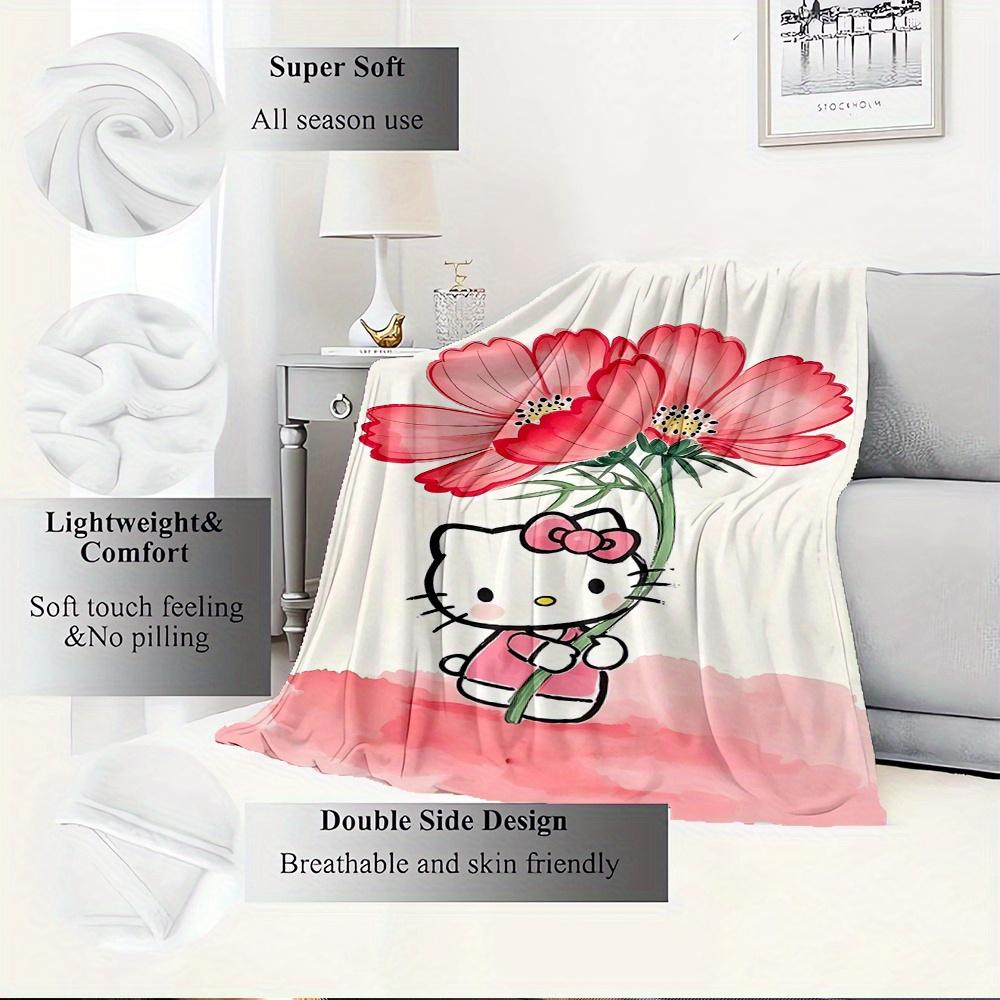 For Hello Kitty, Flower, PinkAnime-Themed Flannel Blanket, Glam Style, Digital Print, All-Season Comfort, Tear-Resistant, Knitted Craftsmans