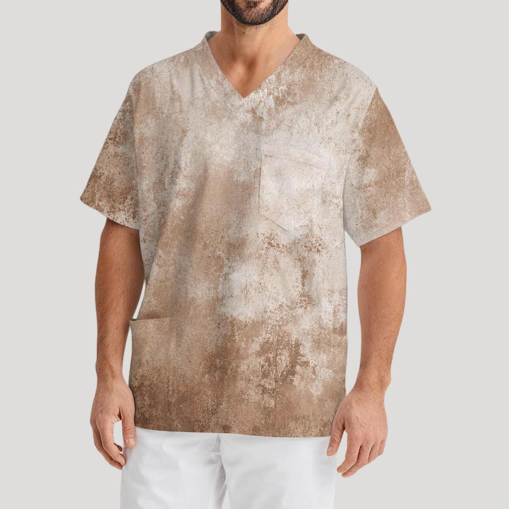 Мужская рабочая блузка с короткими рукавами и v-образным вырезом с принтом, топ с нагрудным карманом