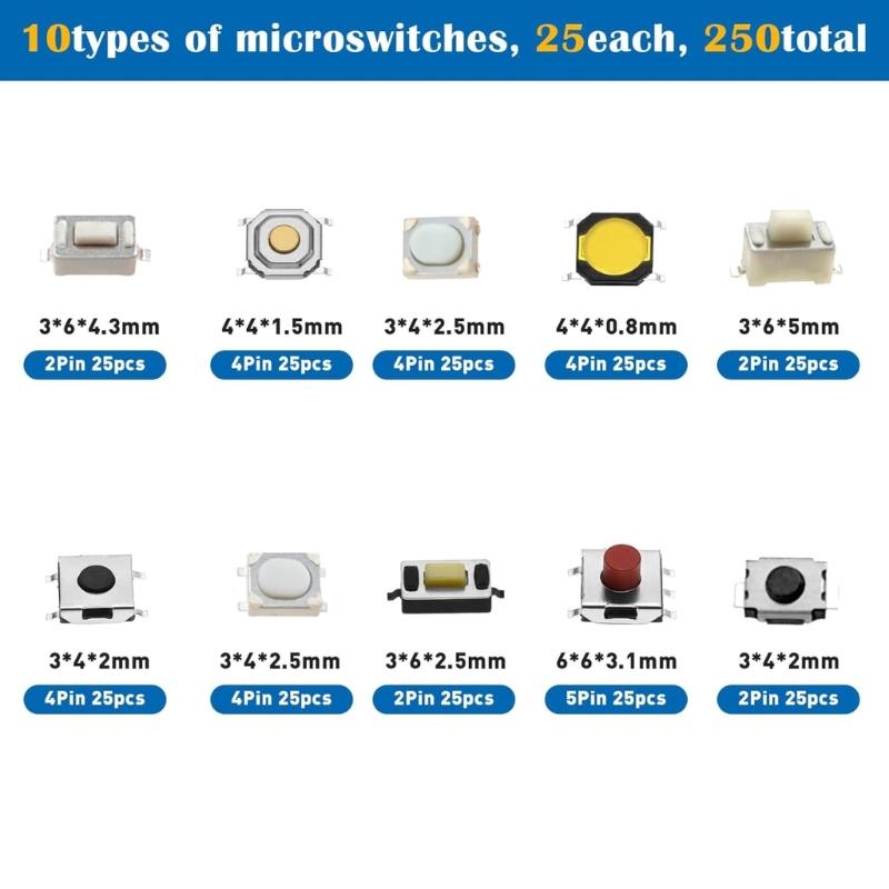 250Pcs 10 Types Tactile Push Button Switches Car Keys Remote Control Keys Button Touch Microswitch Easy to Use