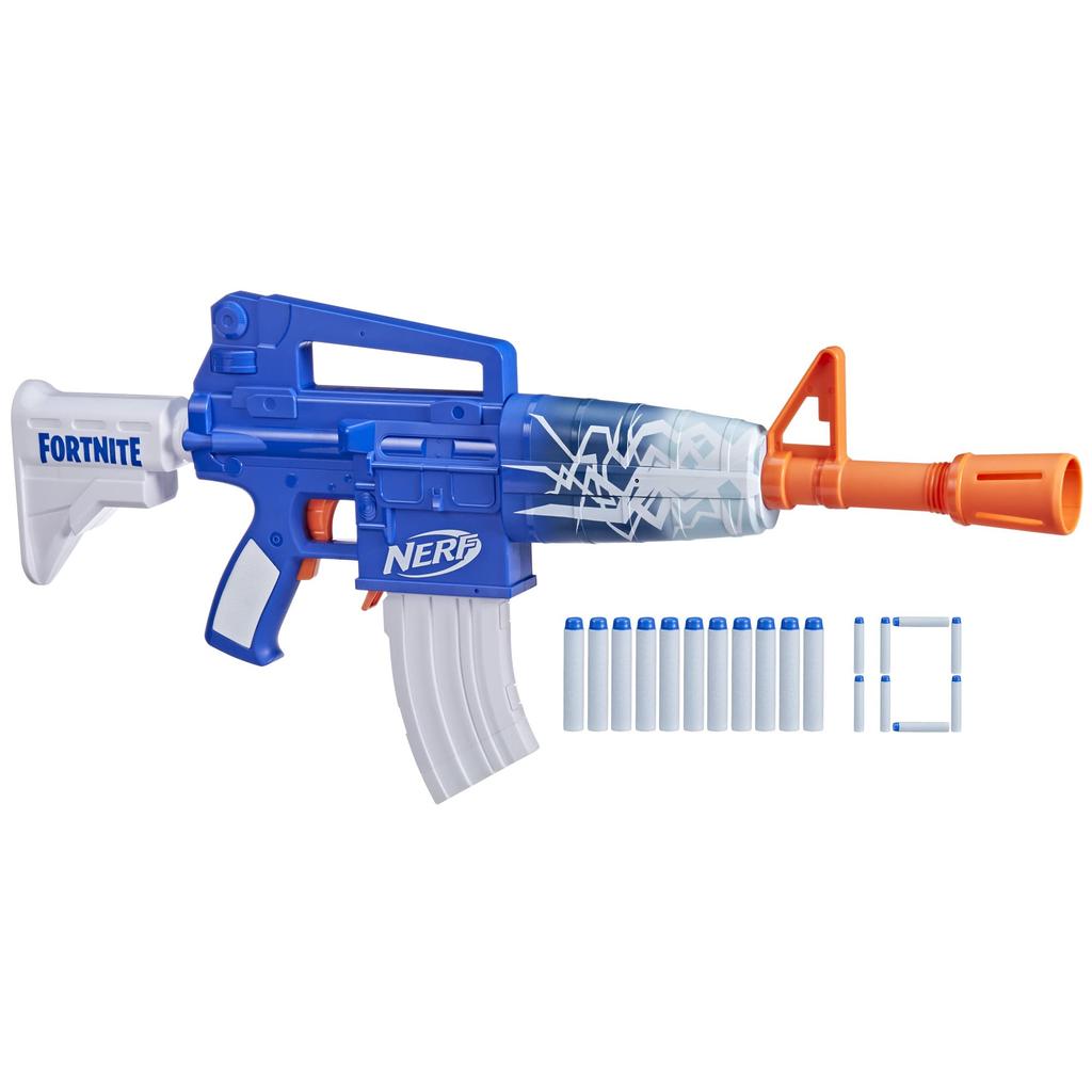 Hasbro Nerf Fortnite Синий 10 Элитный эксклюзивный виртуальный предмет моторизованный для возраста 8 лет и старше аутентичный Шок, обойма на 10 стрел, стрелы, код, бластер, (F4108),