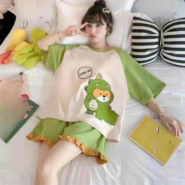 Women's Pajamas Set Summer Cute Cartoon Print Leisure Young Girls Sleepwear Short Sleeve Tops and Shorts Pijamas Women Homewear