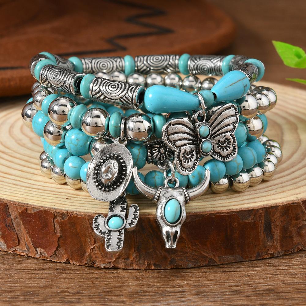 Bohemian Turquoise Beaded Bracelet Set Middle Eastern Prayer Beads Handmade Adjustable Ethnic Stacking Vacation Bracelets