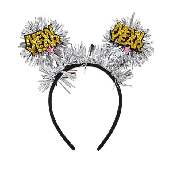 2026 New Year Headband with "Happy New Year" Letters Glitter Tinsel Hairband with Wine Glass Hat Party Headwear for Countdown Celebration